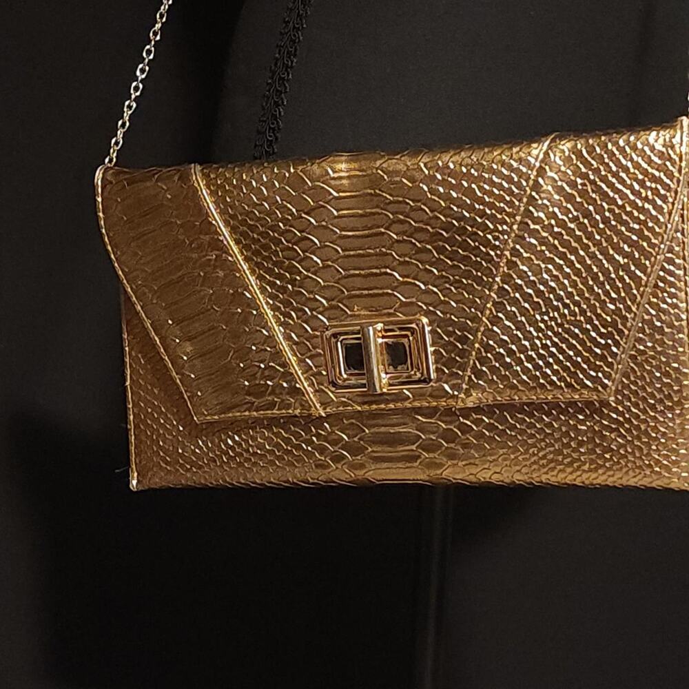MMS Design Studio metallic gold snakeskin envelope clutch